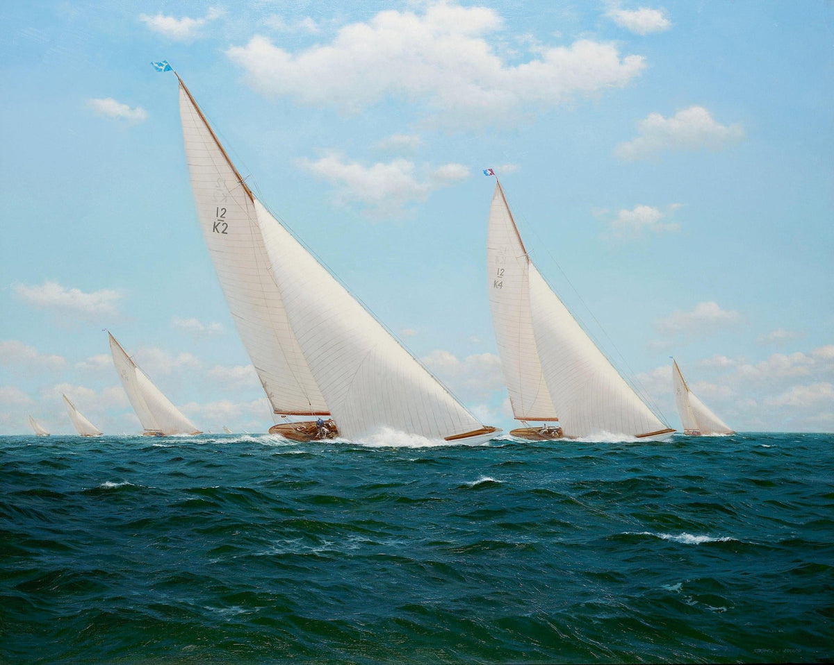 Hand-painted white regatta sailboats on blue sea nautical oil painting on canvas