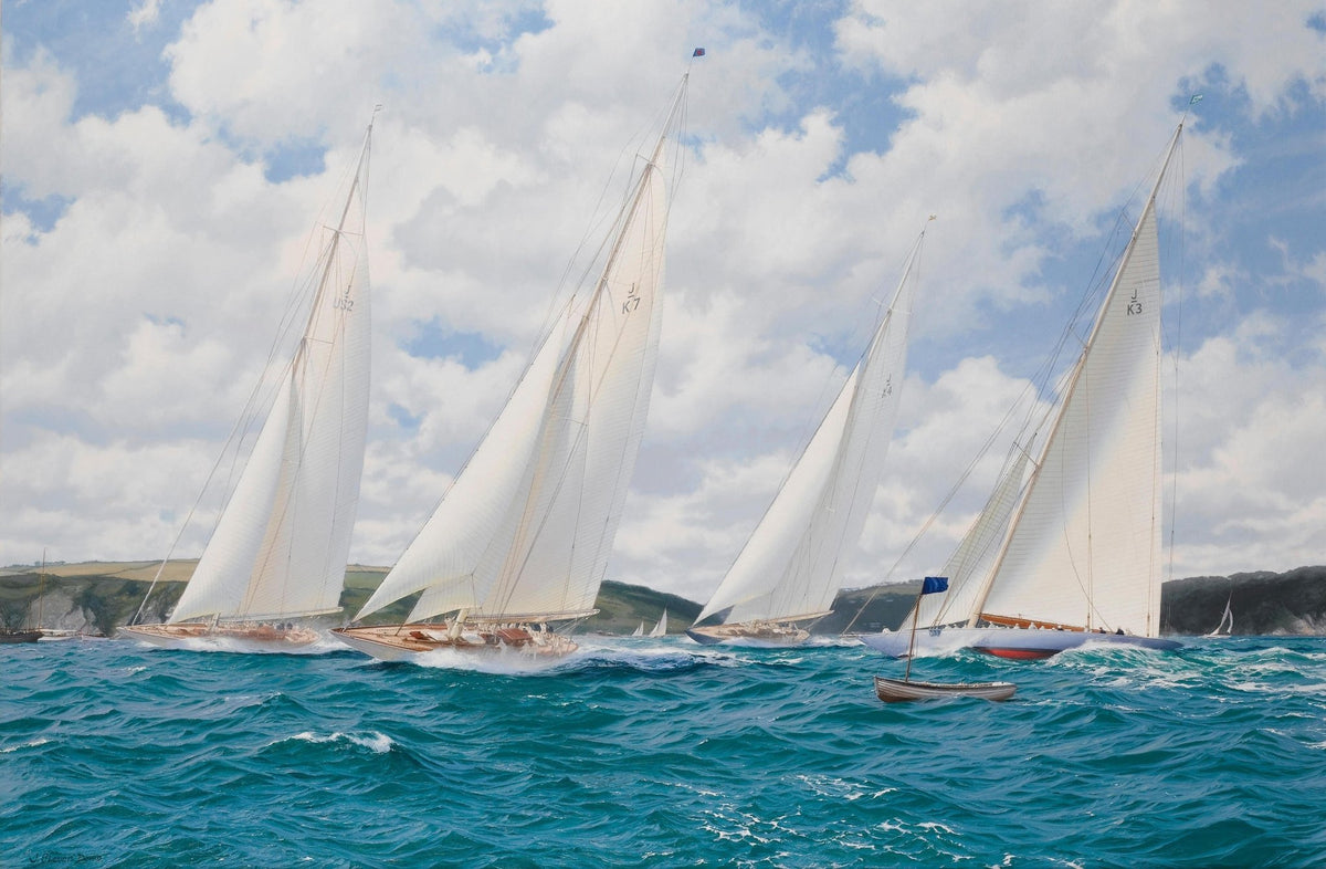 Hand-painted white regatta yachts on blue waves nautical oil painting on canvas