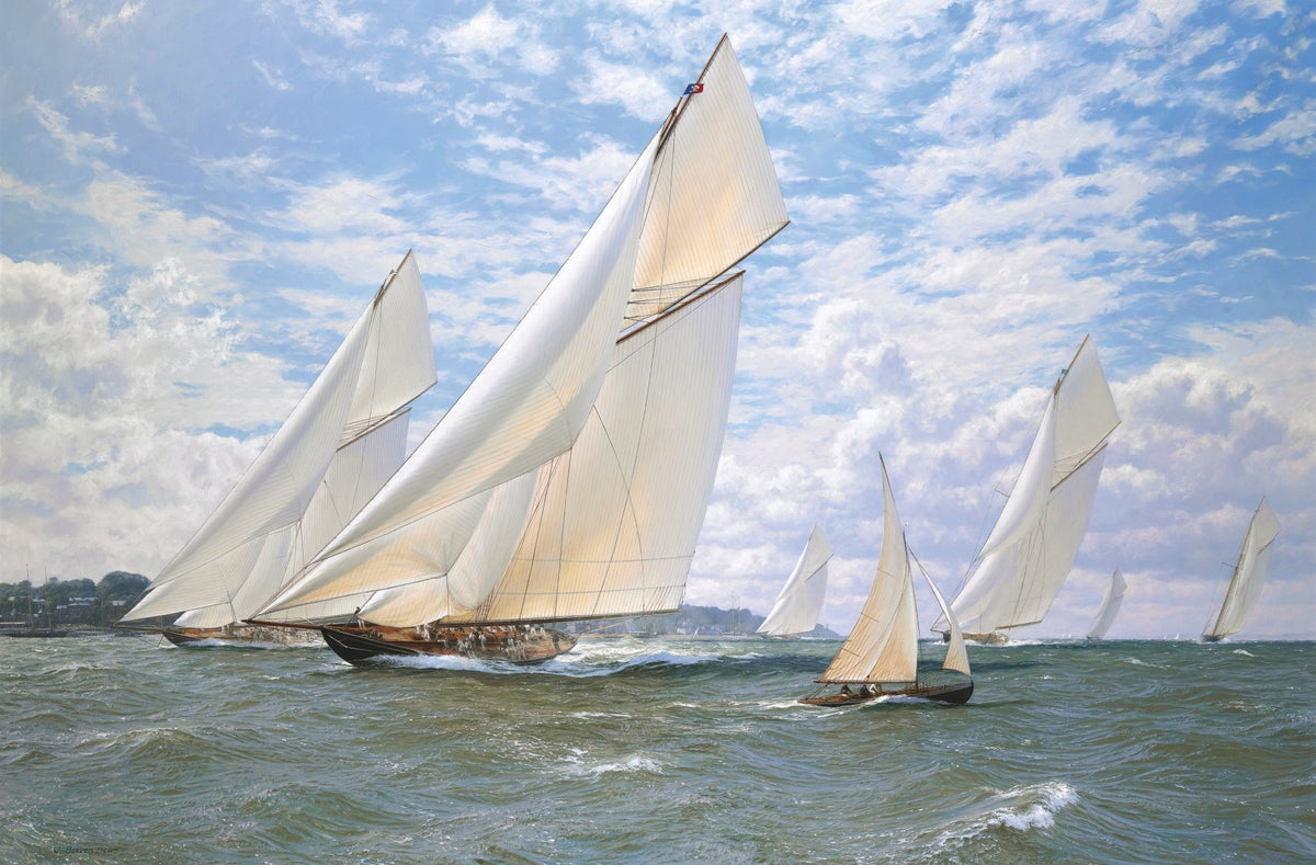 Hand-painted white regatta yachts on coastal sea nautical oil painting on canvas