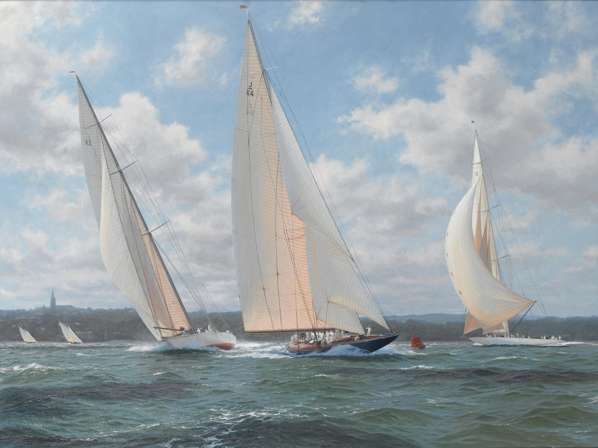 Hand-painted white regatta yachts on open water nautical oil painting on canvas