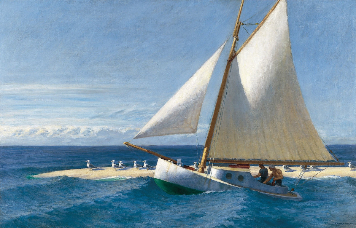 Hand-painted white sailboat on blue sea near sandbar nautical oil painting on canvas
