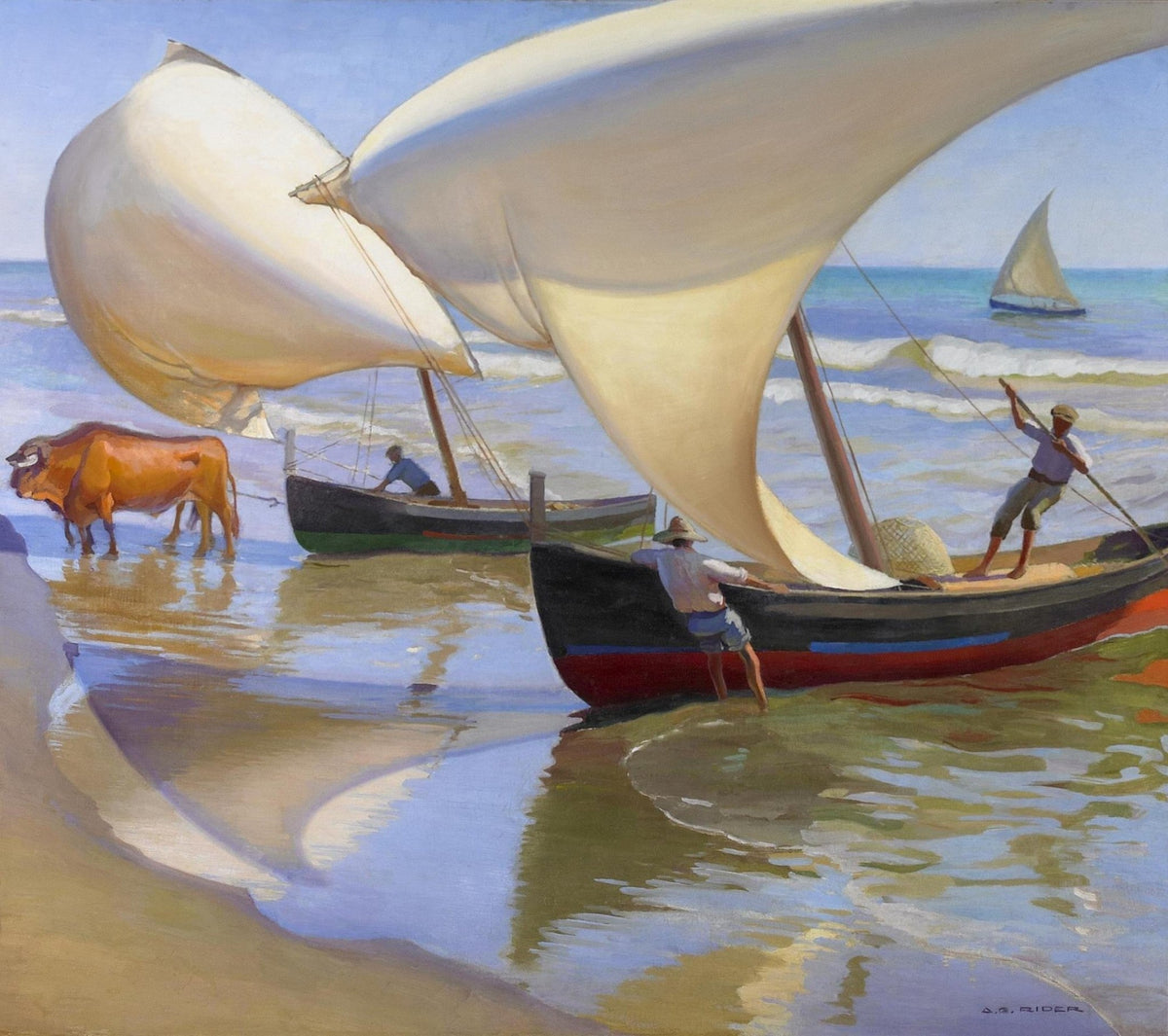 Hand-painted white sailboats and coastal fishermen nautical oil painting on canvas