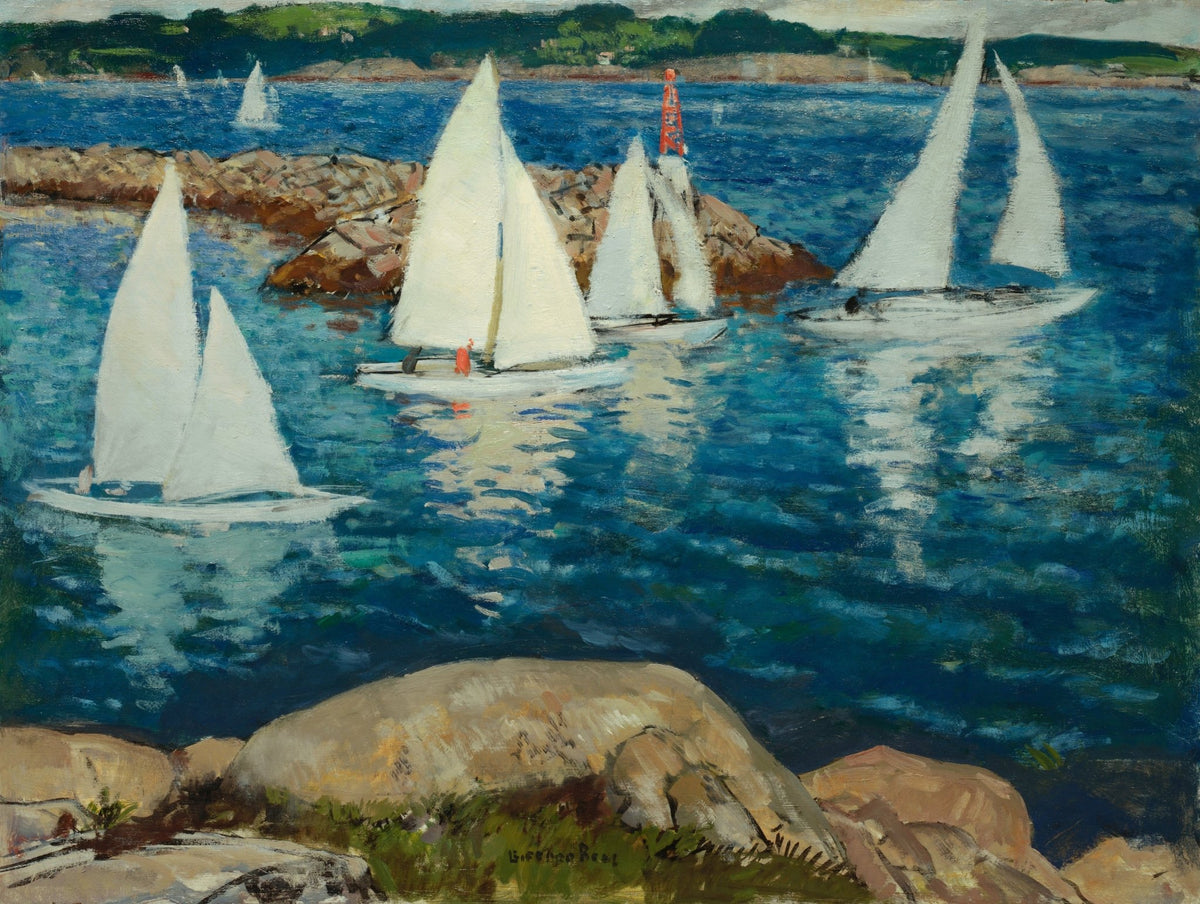 Hand-painted white sailboats on blue harbor nautical oil painting on canvas