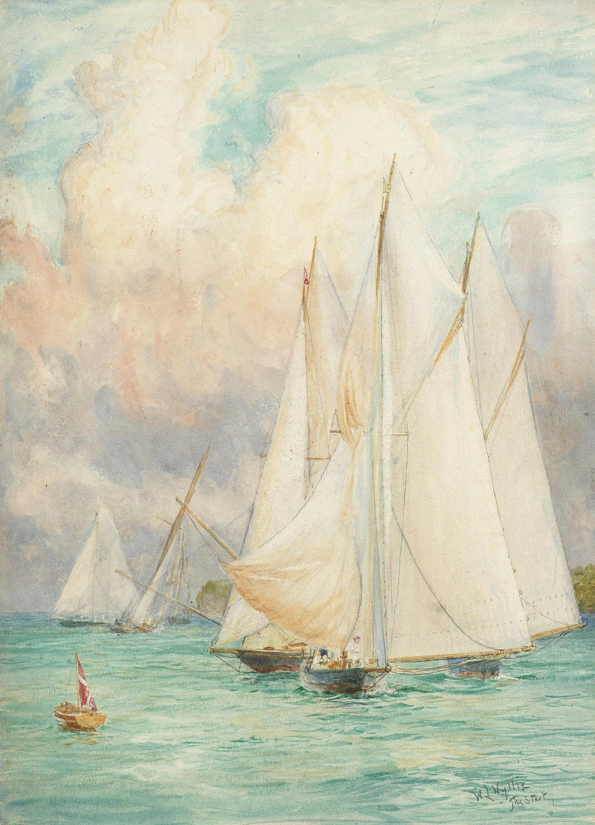 Hand-painted white sailboats on calm coastal waters nautical oil painting on canvas