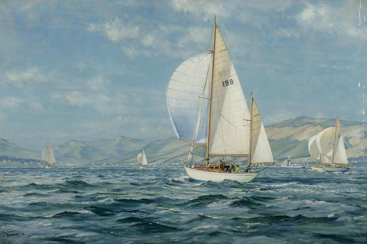 Hand-painted white sailboats on mountain sea nautical oil painting on canvas
