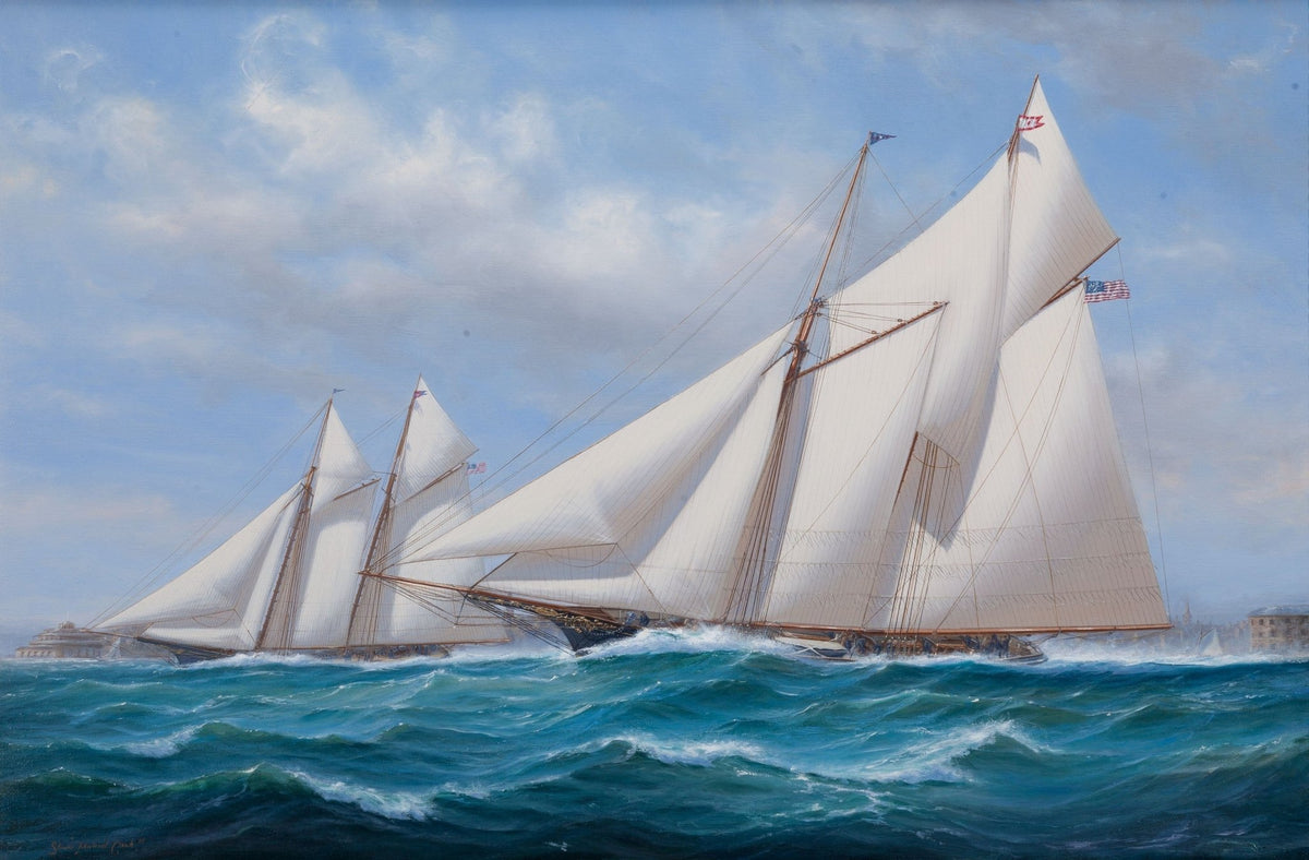 Hand-painted white schooners on rolling blue sea nautical oil painting on canvas