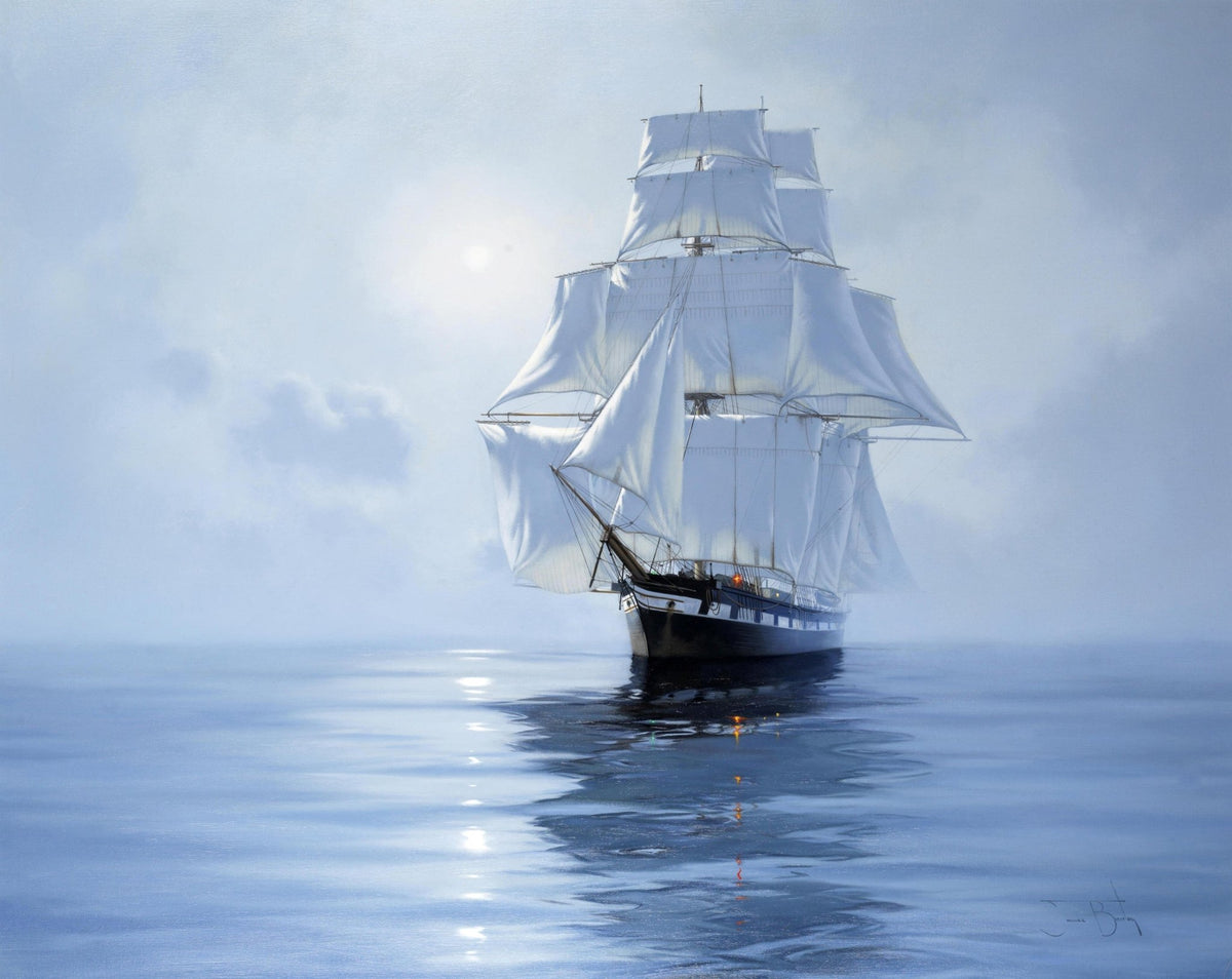 Hand-painted white tall ship in misty blue waters nautical oil painting on canvas