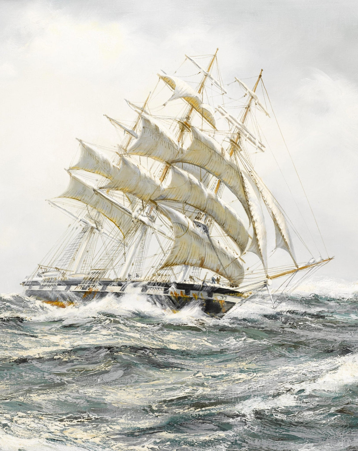 Hand-painted white tall ship in rough sea nautical oil painting on canvas