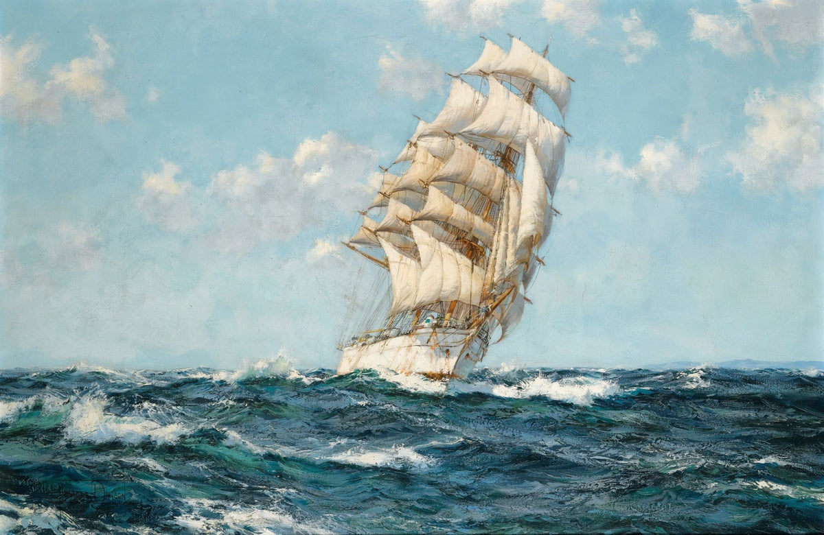 Hand-painted white tall ship on ocean waves nautical oil painting on canvas