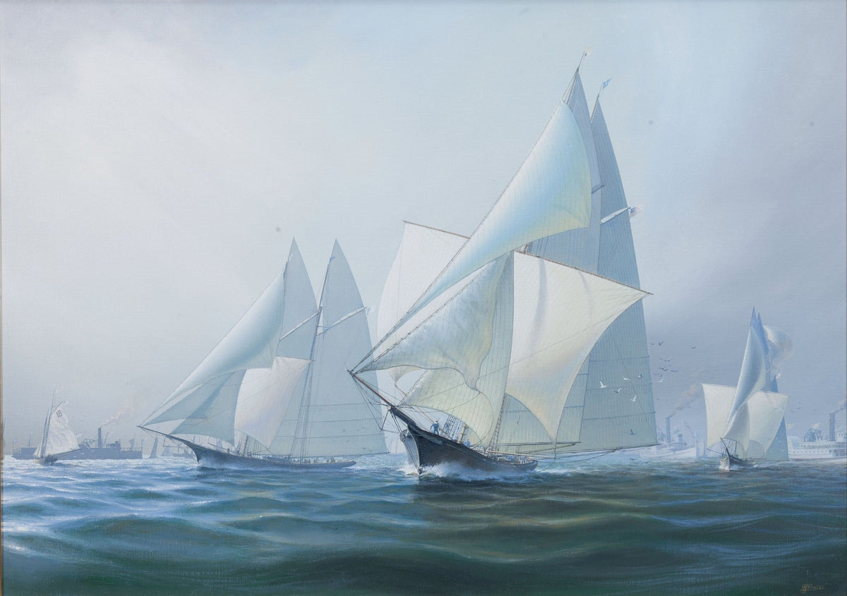 Hand-painted white yachts in a misty regatta scene nautical oil painting on canvas