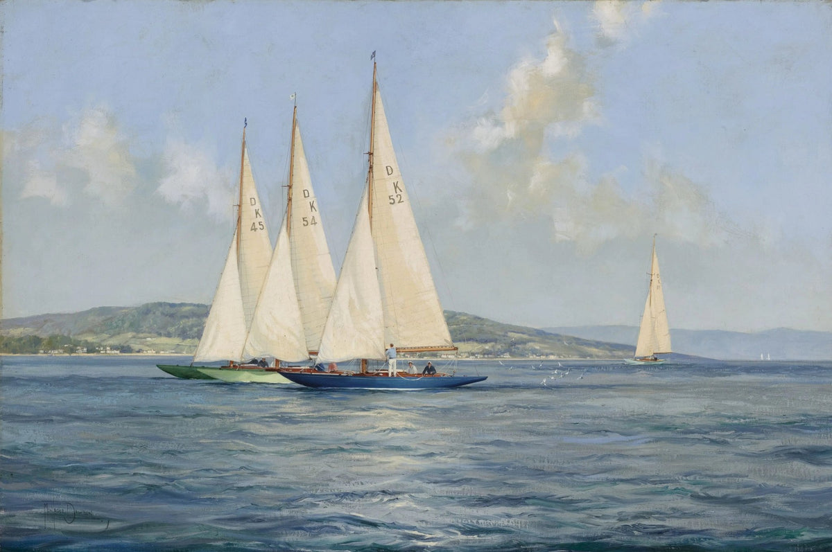 Hand-painted yacht race on calm sea nautical oil painting on canvas