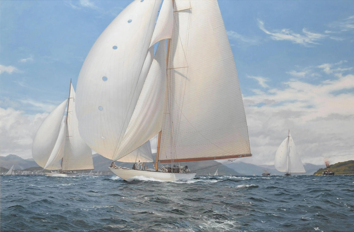Hand-painted yacht race on calm sea nautical oil painting on canvas