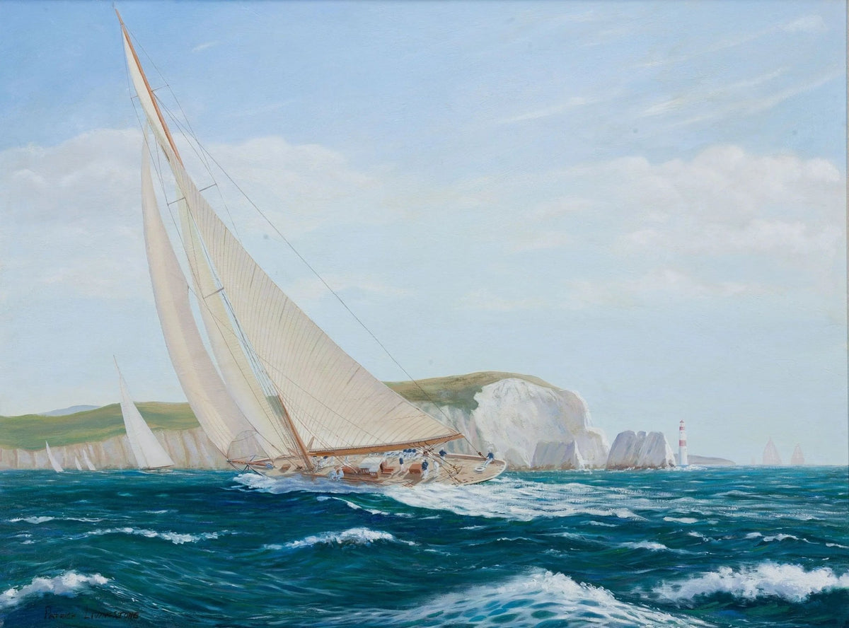 Hand-painted yacht sailing by coastal cliffs nautical oil painting on canvas