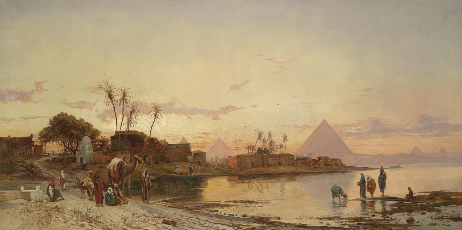 Nile Riverside at Sunset with Pyramids – Landscape Oil Painting - Oil Painting Haven