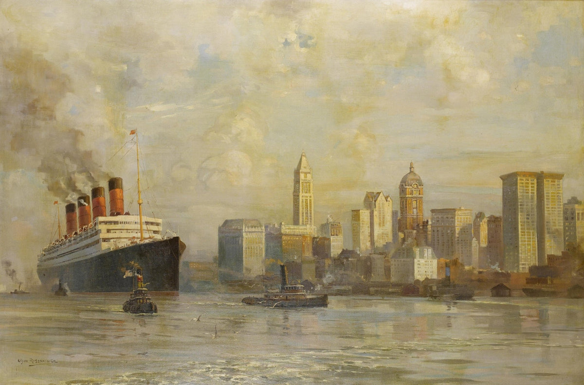 Hand-painted ocean liner in New York harbor nautical oil painting on canvas