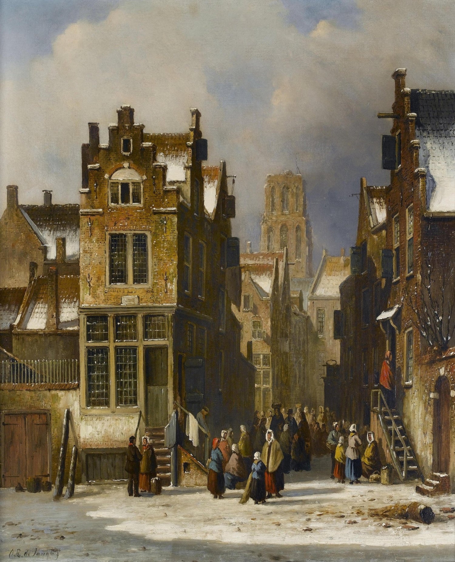 Old European Street with Market Scene – Hand - painted Landscape - Oil Painting Haven