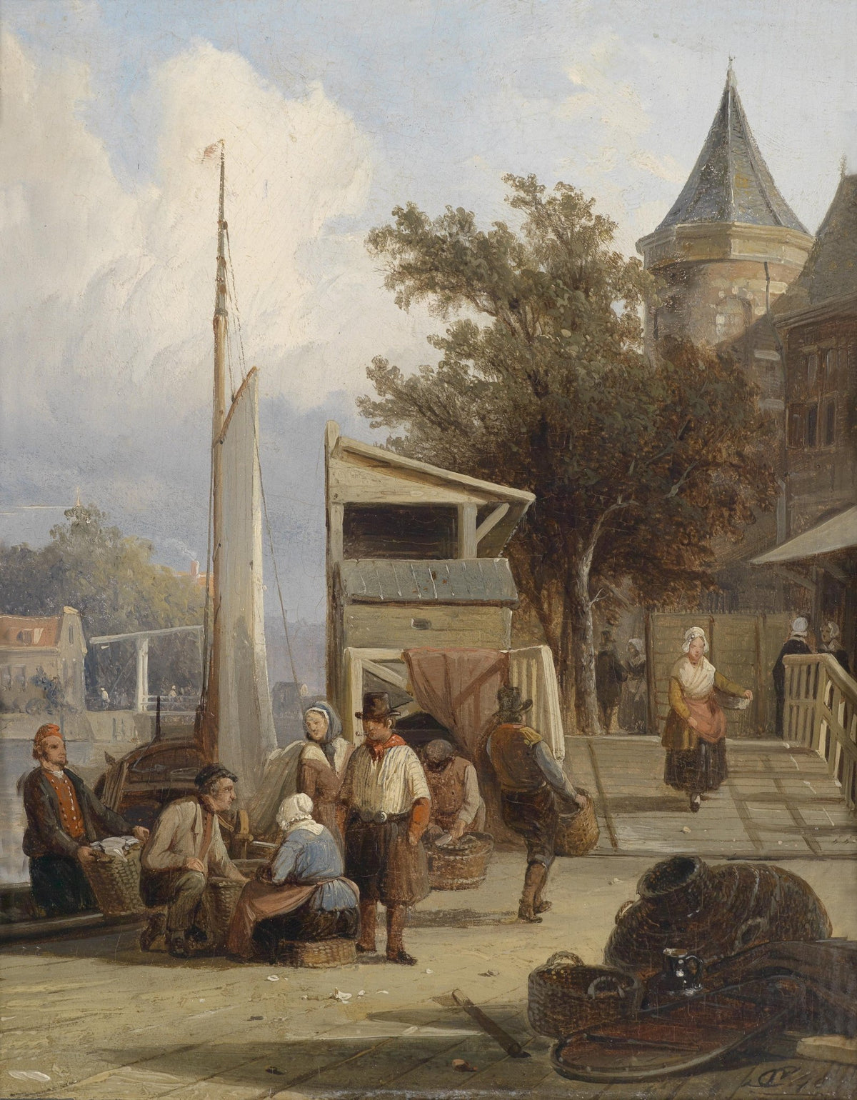 Old Harbor Fishermen Gathering Scene - People Oil Painting - Oil Painting Haven