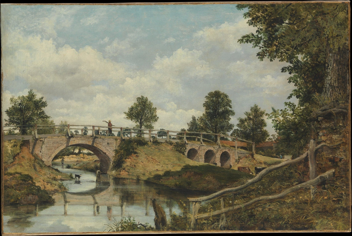 Landscape oil painting of a stone bridge over a quiet country river, hand painted oil on canvas with textured brushwork,. - Add Frame, Architecture, Canvas, Country, Hand Painted, Landscape, Made To Order, Oil Painting, River
