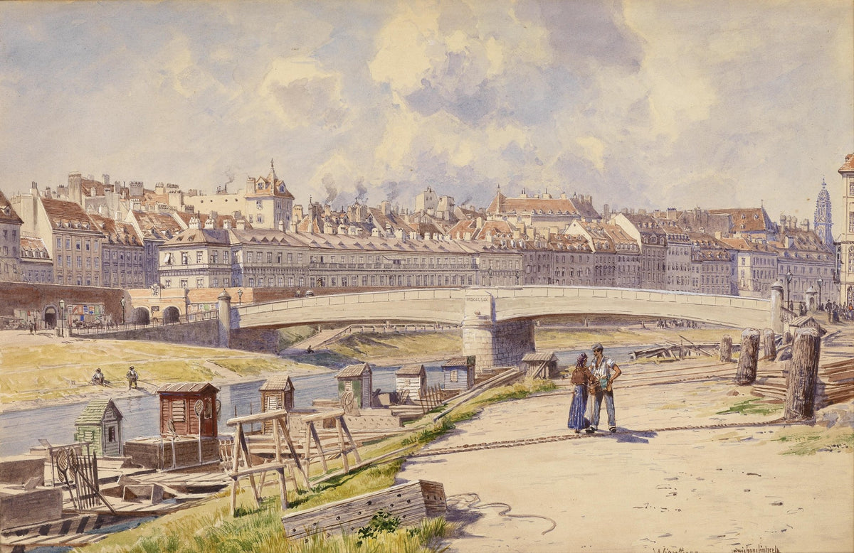 Hand painted oil on canvas landscape oil painting of European town riverside bridge with textured brushwork and detailed. - Add Frame, Architecture, Canvas, Hand Painted, Landscape, Made To Order, Oil Painting, River, Village