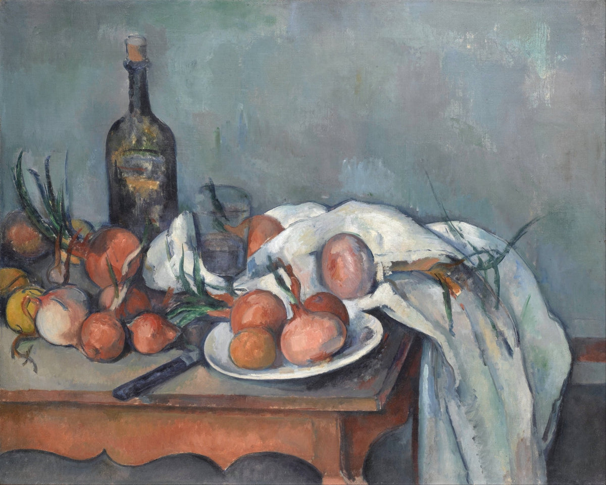 Onions, Bottle and Cloth on Table - Still Life Oil Painting - Oil Painting Haven