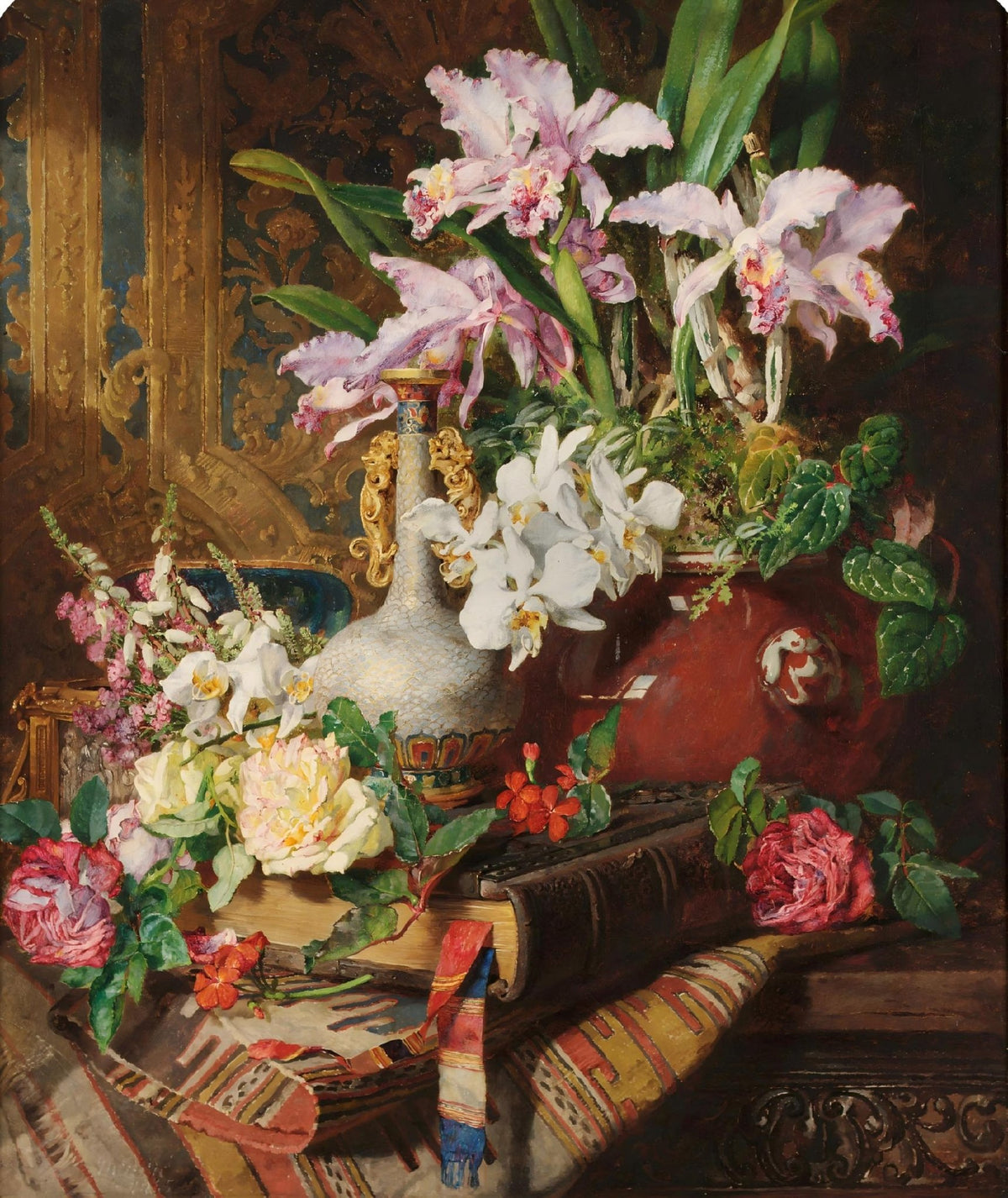 Orchids and Roses in Decorative Vase – Floral Oil Painting - Oil Painting Haven