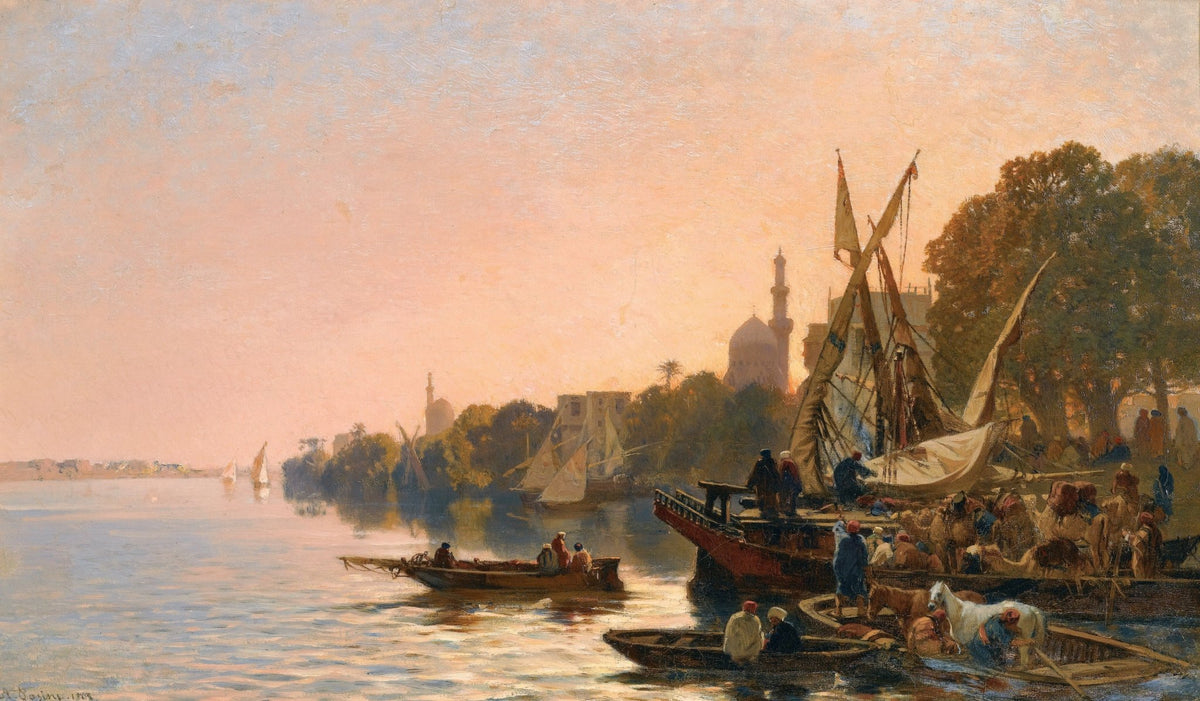 Hand-painted oriental river harbor at sunset nautical oil painting on canvas