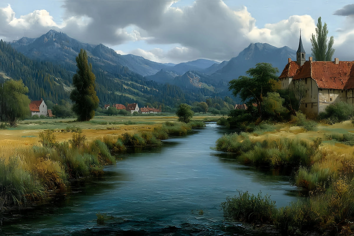 Original Oil Paintings For Sale: Rural Valley River Landscape - Oil Painting Haven