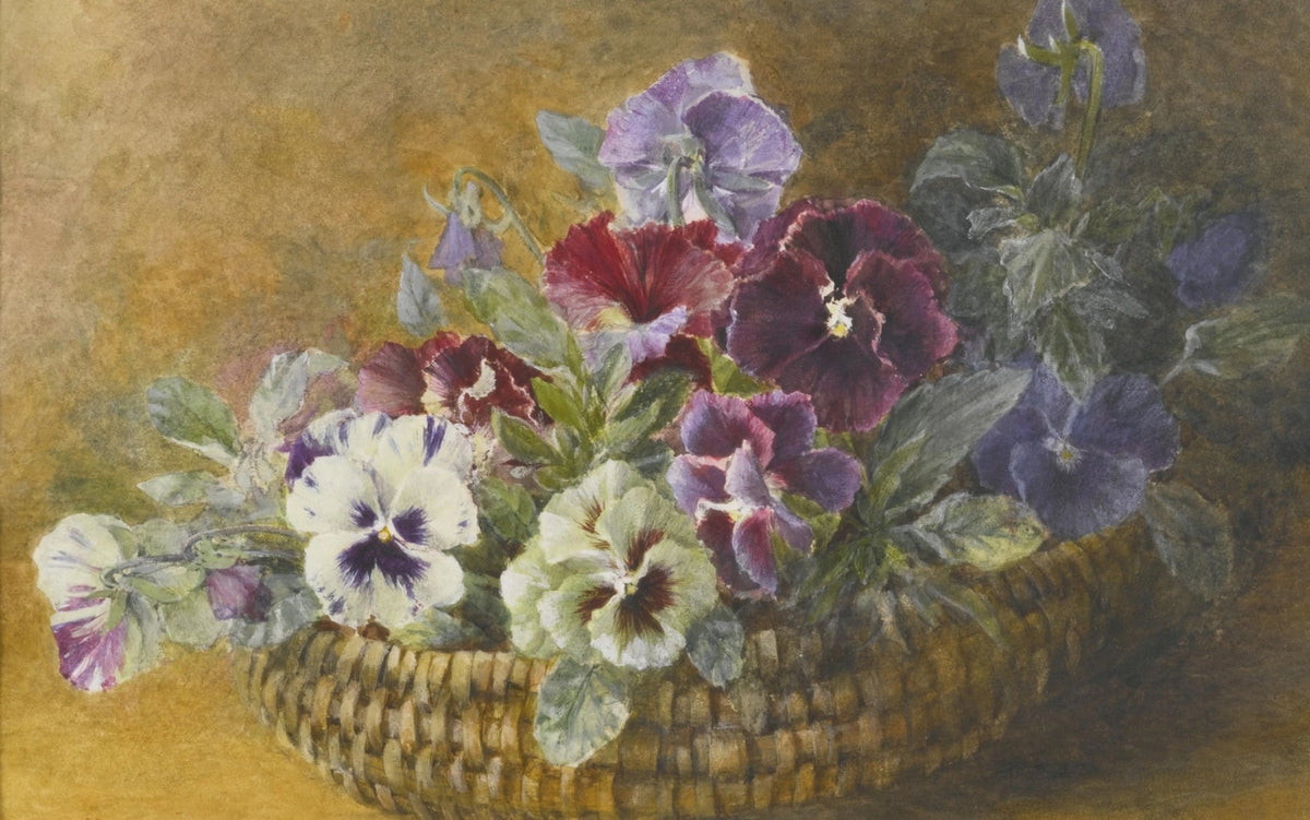 Pansies in Woven Basket Still Life Art - Floral Oil Painting - Oil Painting Haven