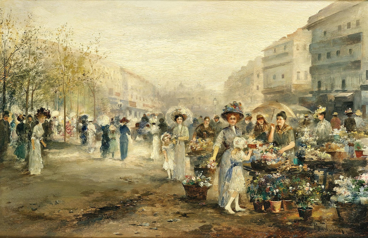 Paris Flower Market with Elegant Ladies - People Oil Painting - Oil Painting Haven