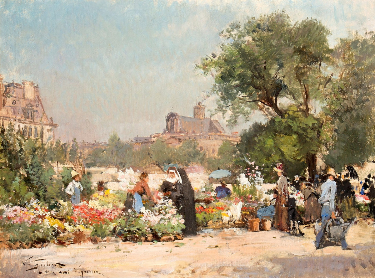 Paris Flower Market with Strolling Figures - People Oil Painting - Oil Painting Haven