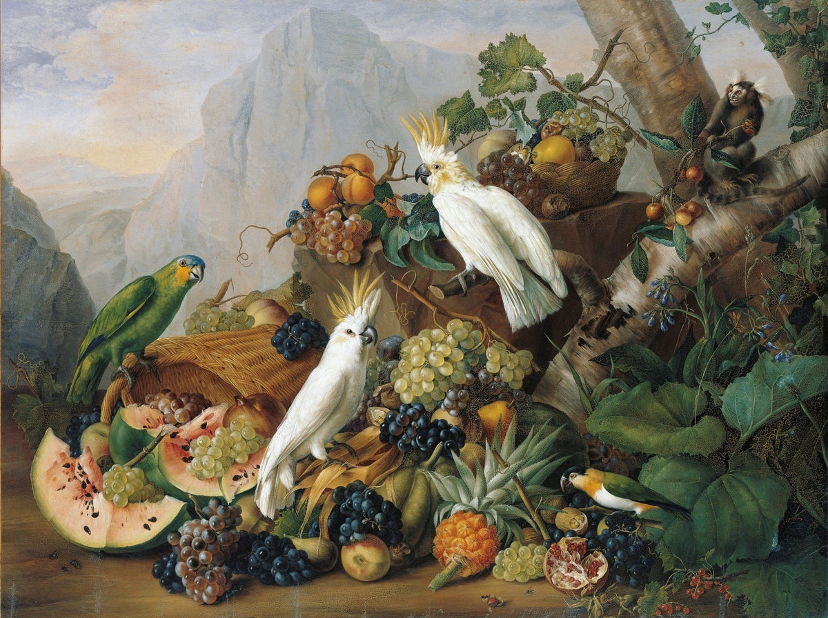 Parrots and Exotic Fruits Arrangement - Still Life Oil Painting - Oil Painting Haven