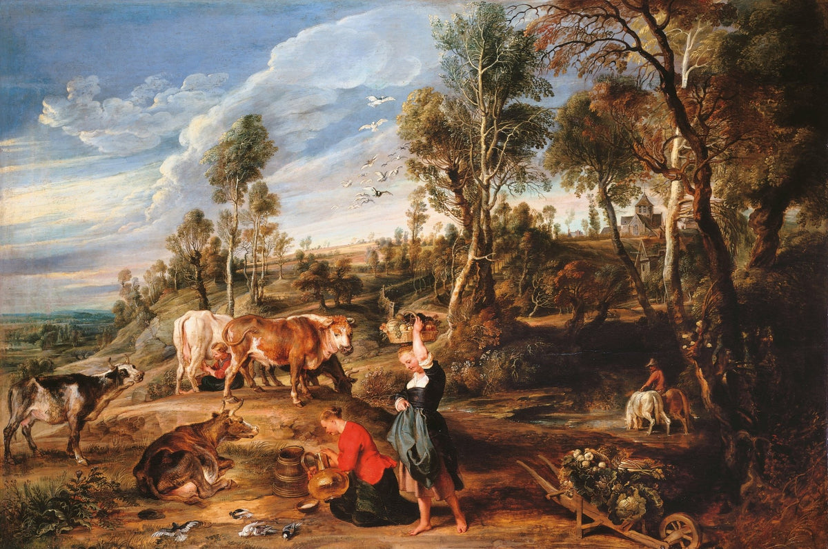 Pastoral Farm Scene with Cattle and Figures - People Oil Painting - Oil Painting Haven