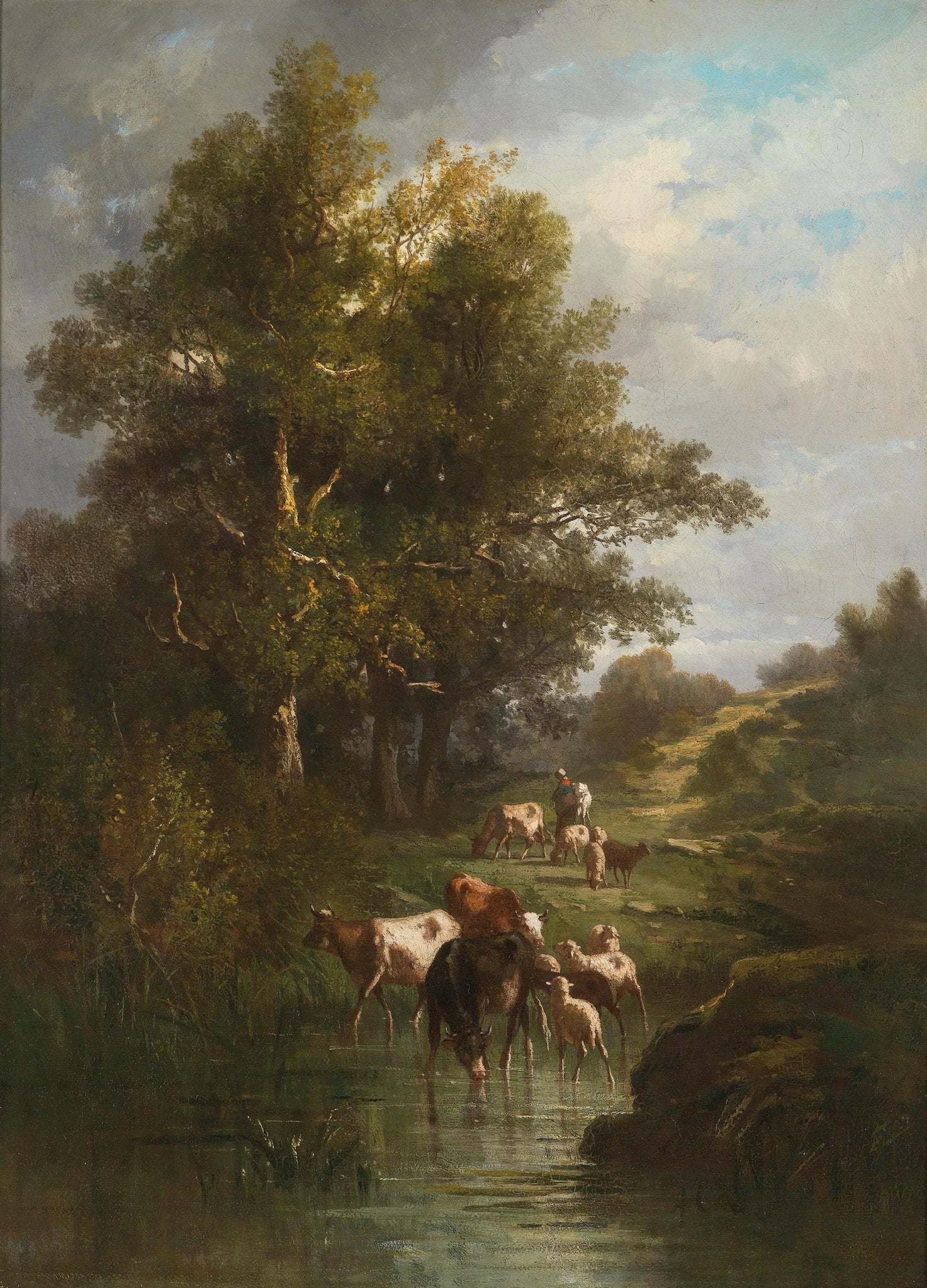 Pastoral Forest Stream with Cattle | Hand - Painted Landscape Oil Art - Oil Painting Haven