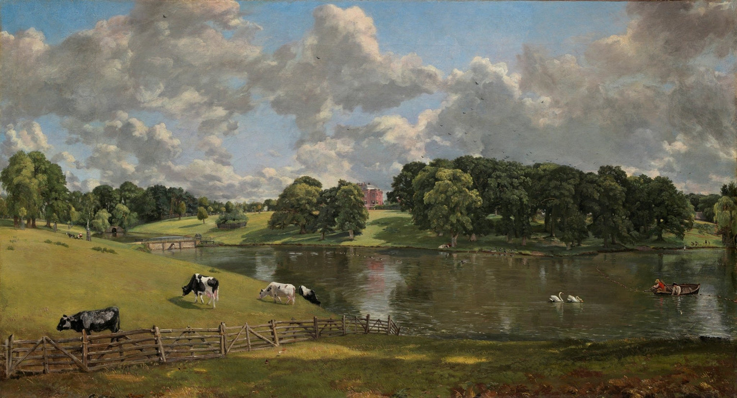 Hand painted landscape oil painting of pastoral lake with cows grazing, country estate in distance, textured brushwork on. - Add Frame, Animal, Canvas, Country, Hand Painted, Lake, Landscape, Made To Order, Oil Painting