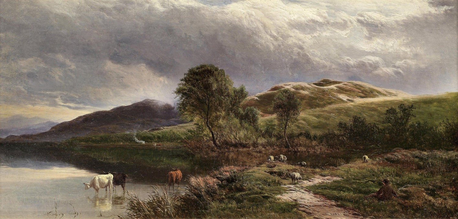 Hand painted oil on canvas landscape oil painting of grazing cattle by a pastoral lake with rolling hills under a cloudy. - Add Frame, Animal, Canvas, Country, Farm, Hand Painted, Lake, Landscape, Made To Order, Mountain, Oil Painting