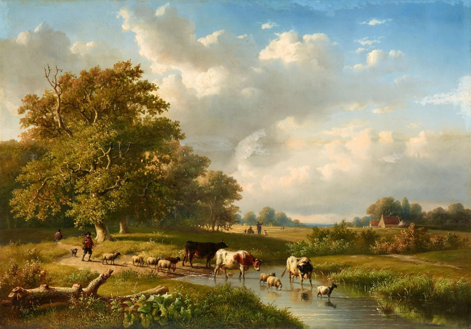 Hand-painted pastoral meadow with cattle and sheep landscape oil painting on canvas