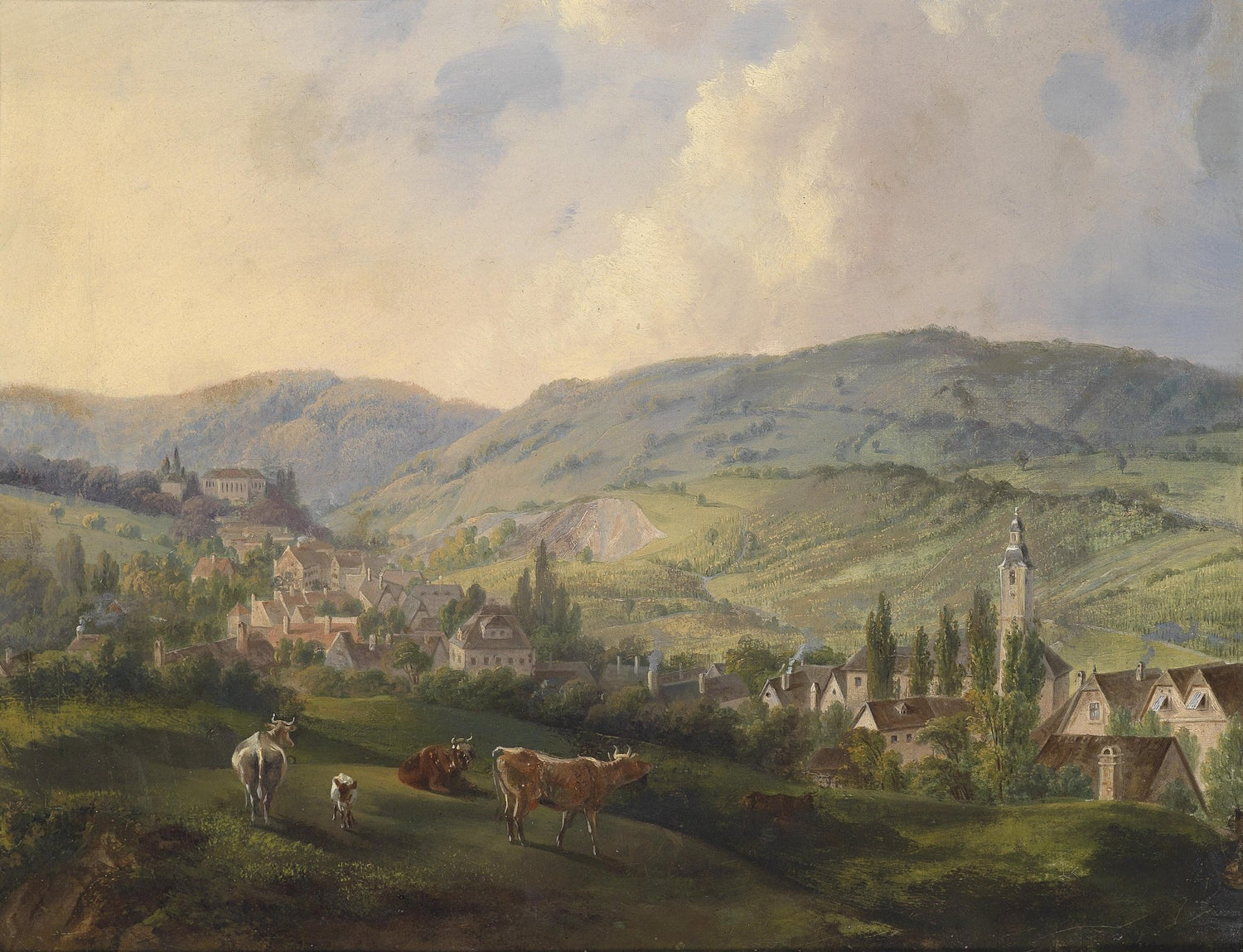 Pastoral Village in Rolling Hills with Cattle – Landscape Oil Painting - Oil Painting Haven