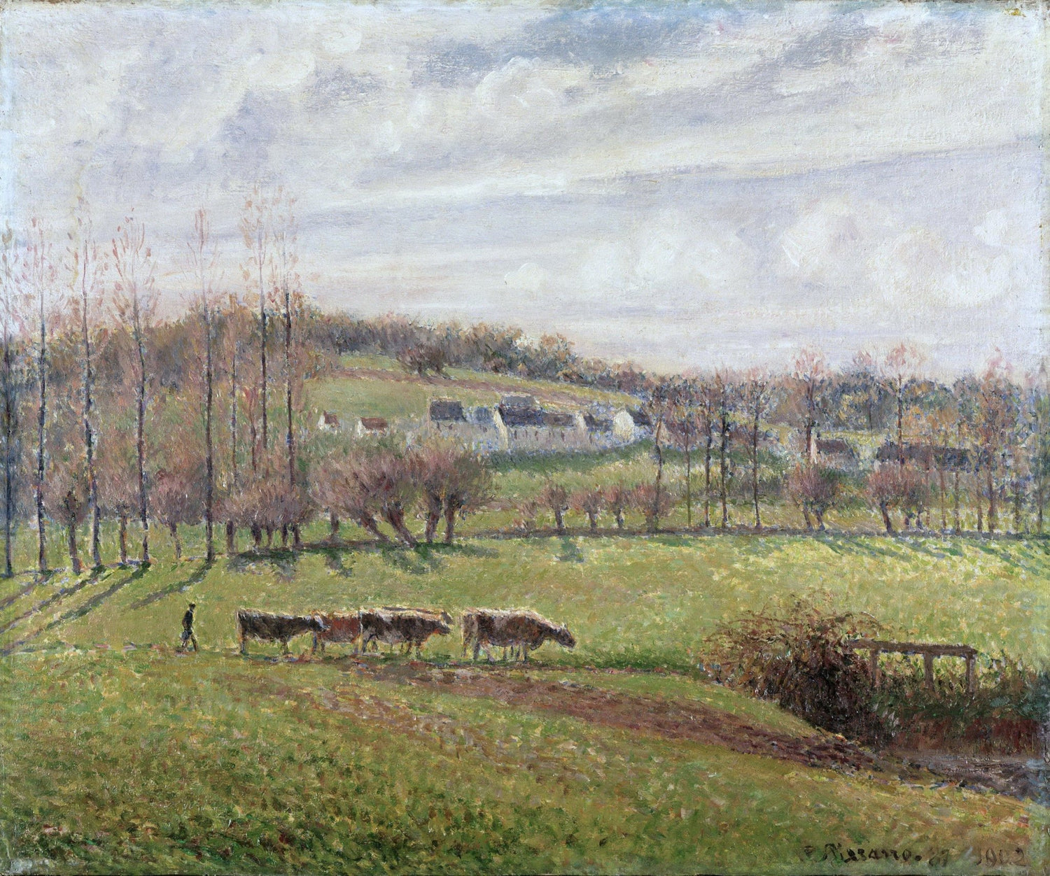 Landscape oil painting of pasture cows grazing in green fields with village houses and trees under a cloudy sky, textured. - Add Frame, Animal, Canvas, Country, Field, Hand Painted, Landscape, Made To Order, Mountain, Oil Painting, Village