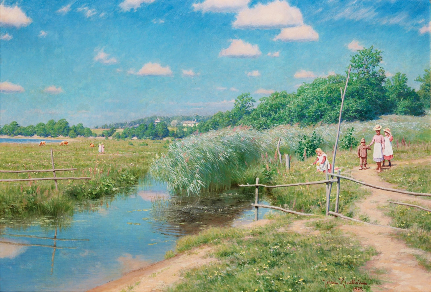 Peaceful Countryside Creek with Children – Landscape Oil Painting - Oil Painting Haven