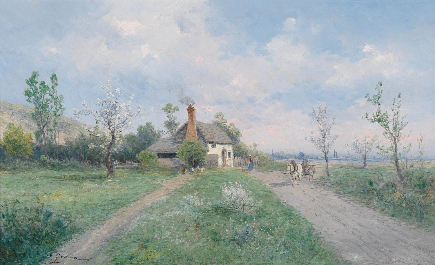 Peaceful Countryside Farmhouse with Horse Cart – Landscape Oil Painting - Oil Painting Haven