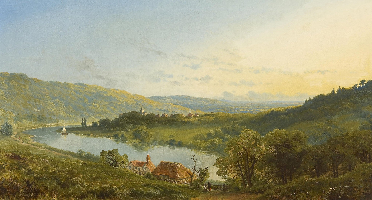 Peaceful River Valley, Hills, Countryside Homes – Landscape Oil Painting - Oil Painting Haven
