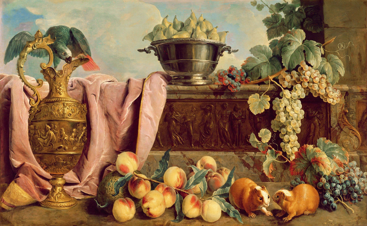 Peaches, Grapes and Parrot with Guinea Pigs - Still Life Oil Painting - Oil Painting Haven