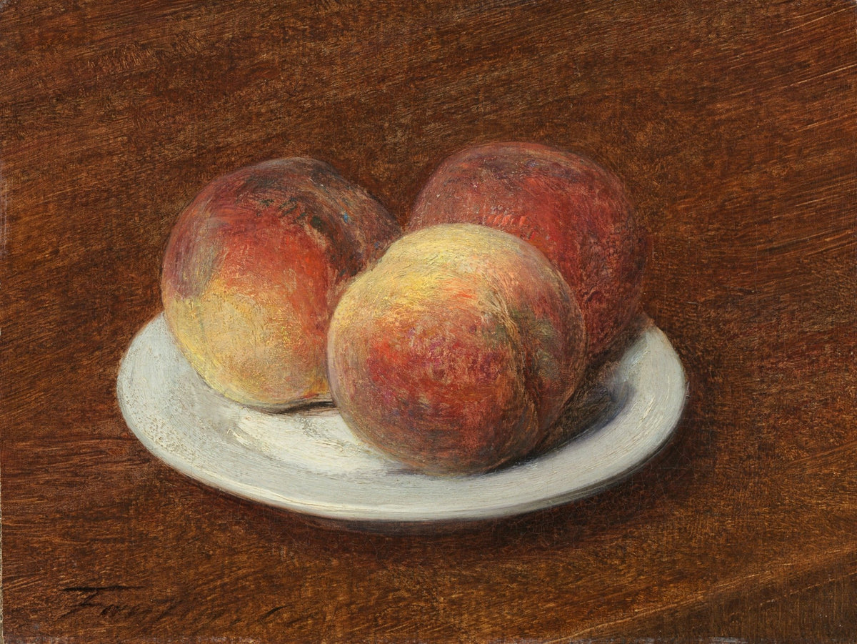 Peaches on White Plate Against Brown Ground - Still Life Oil Painting - Oil Painting Haven