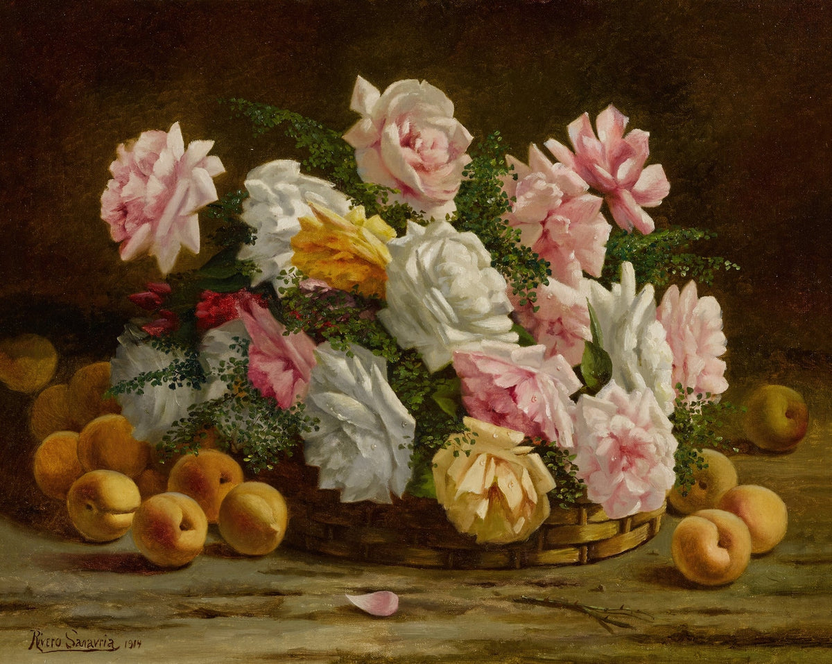 Peonies and Apricots Basket Still Life Art - Floral Oil Painting - Oil Painting Haven