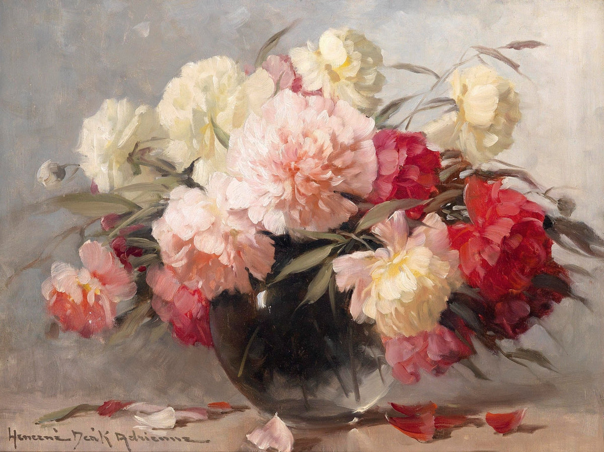 Peony Bouquet in Glass Vase Still Life – Floral Oil Painting - Oil Painting Haven