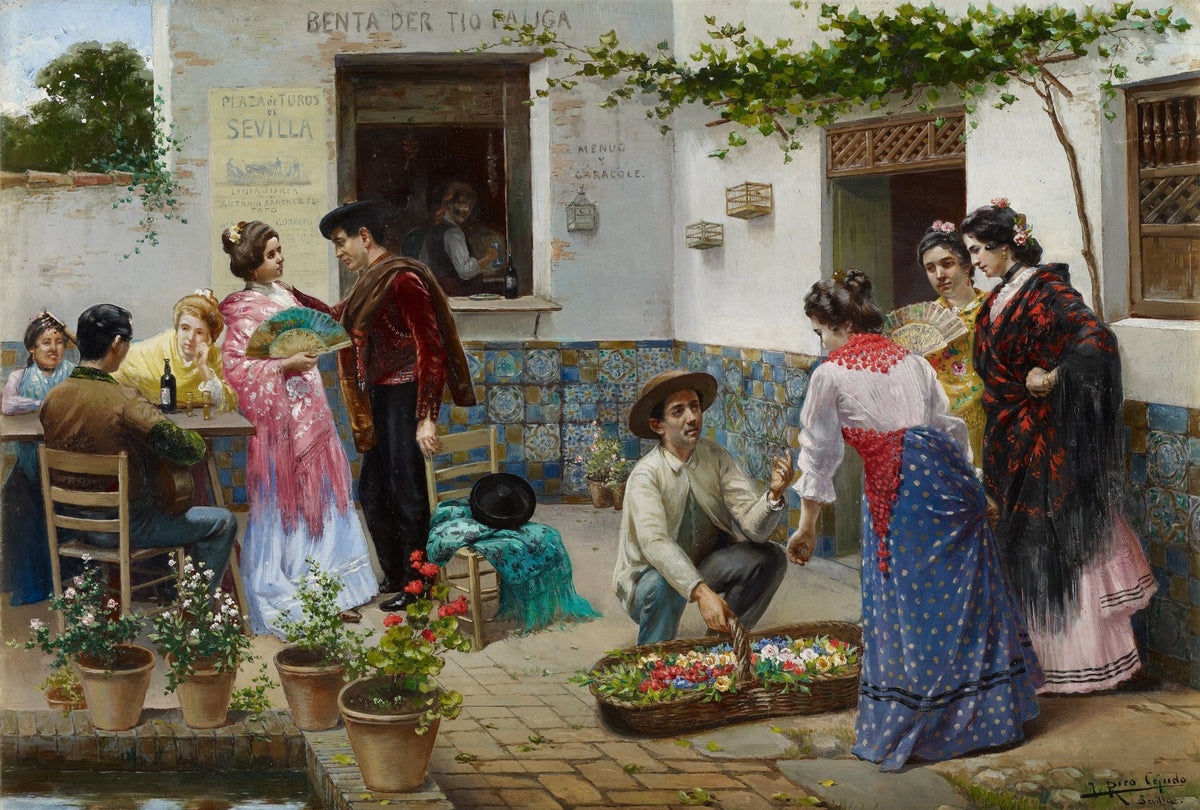 People Oil Painting - Andalusian Courtyard Scene with Villagers - Oil Painting Haven