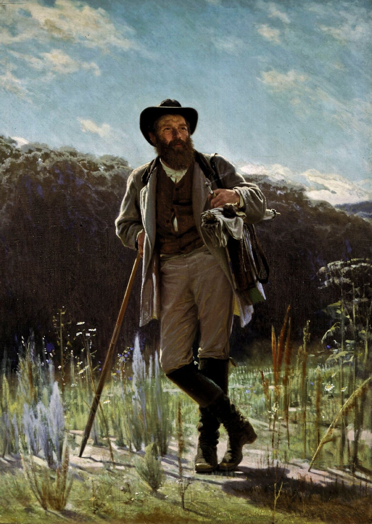 People Oil Painting - Bearded Man Walking in Meadow Scene - Oil Painting Haven