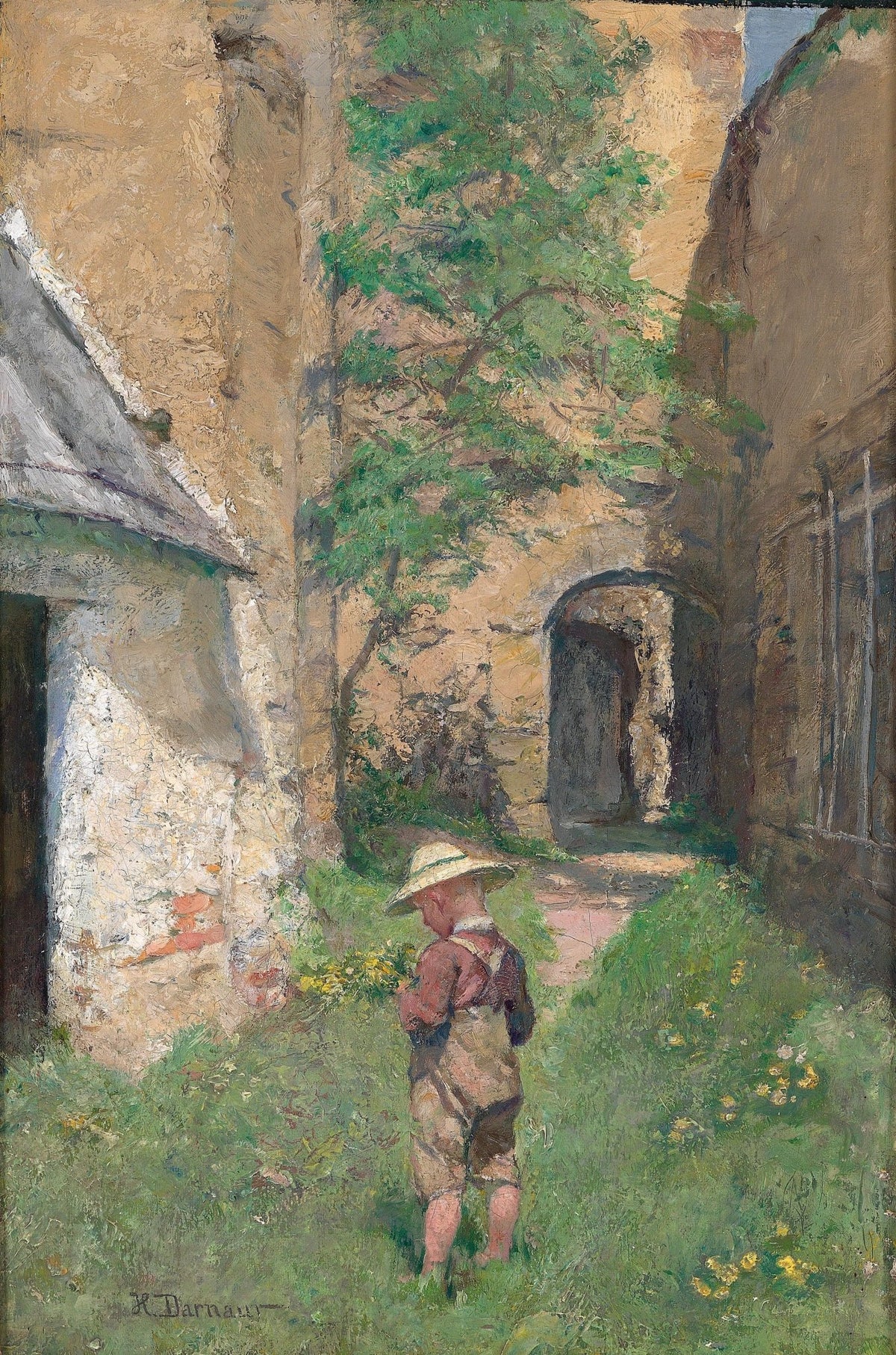 People Oil Painting - Boy in Rustic Courtyard Village Scene - Oil Painting Haven