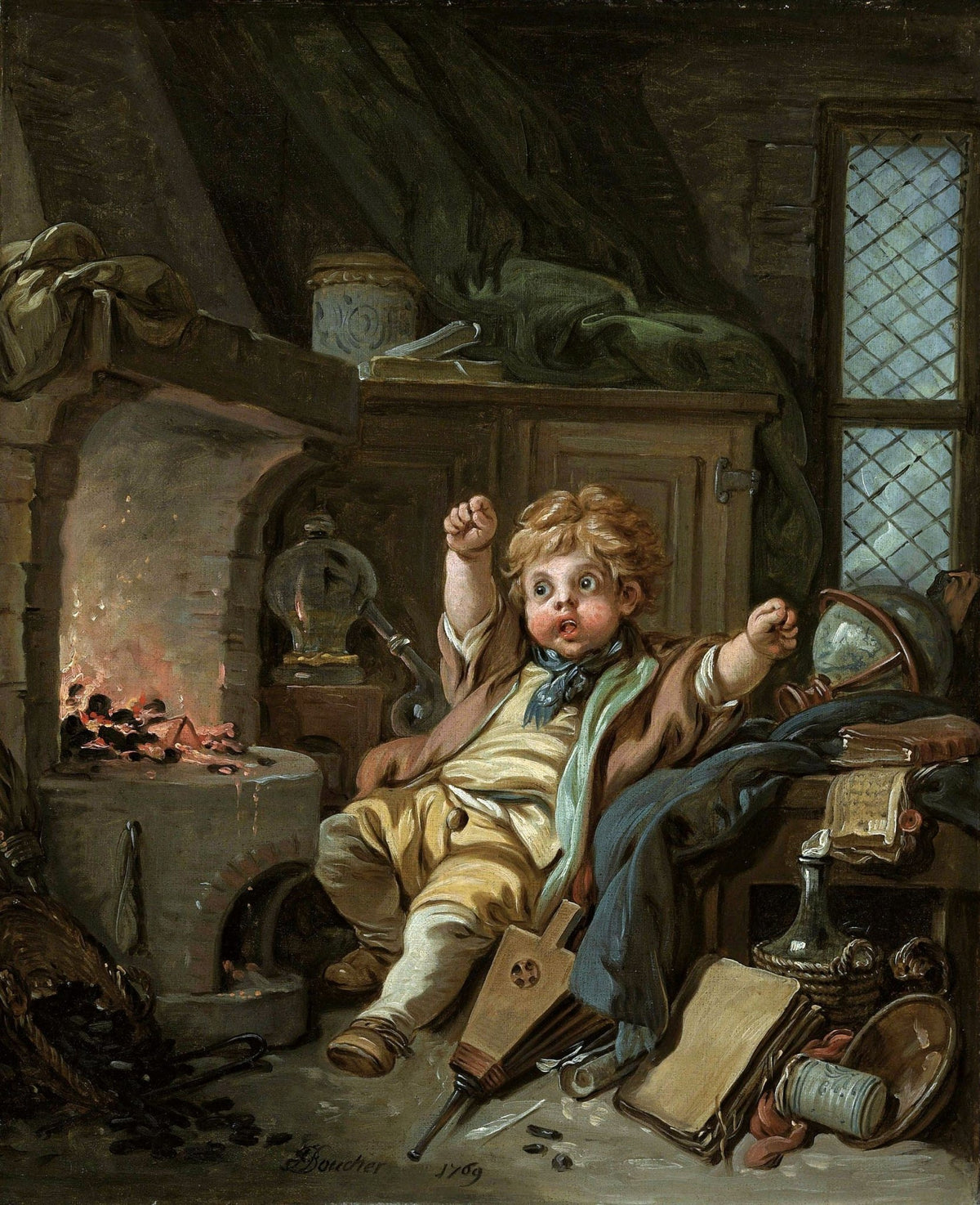 People Oil Painting - Boy in Rustic Kitchen Interior Scene - Oil Painting Haven
