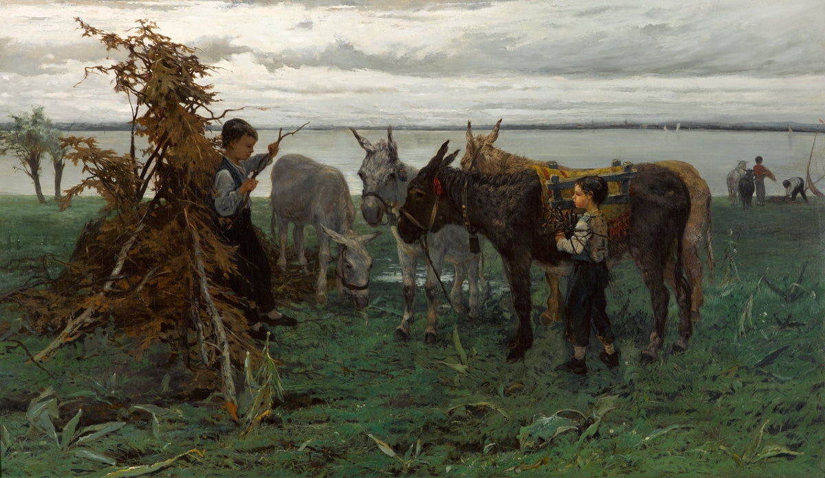 People Oil Painting - Boys Herding Donkeys by Riverside - Oil Painting Haven